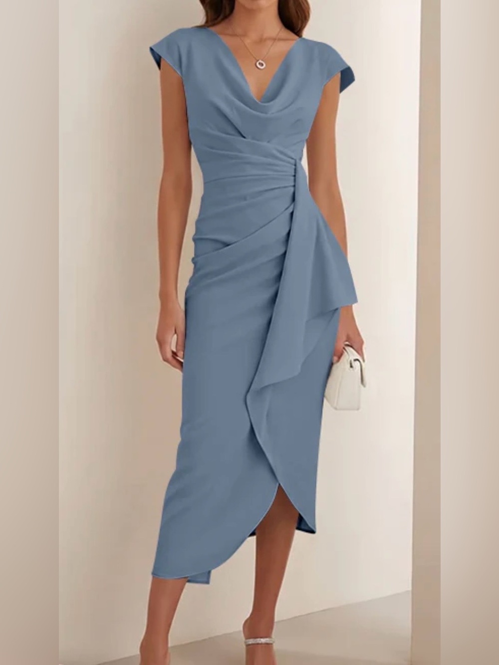 Elegant Draped Midi Dress in Dusty Blue